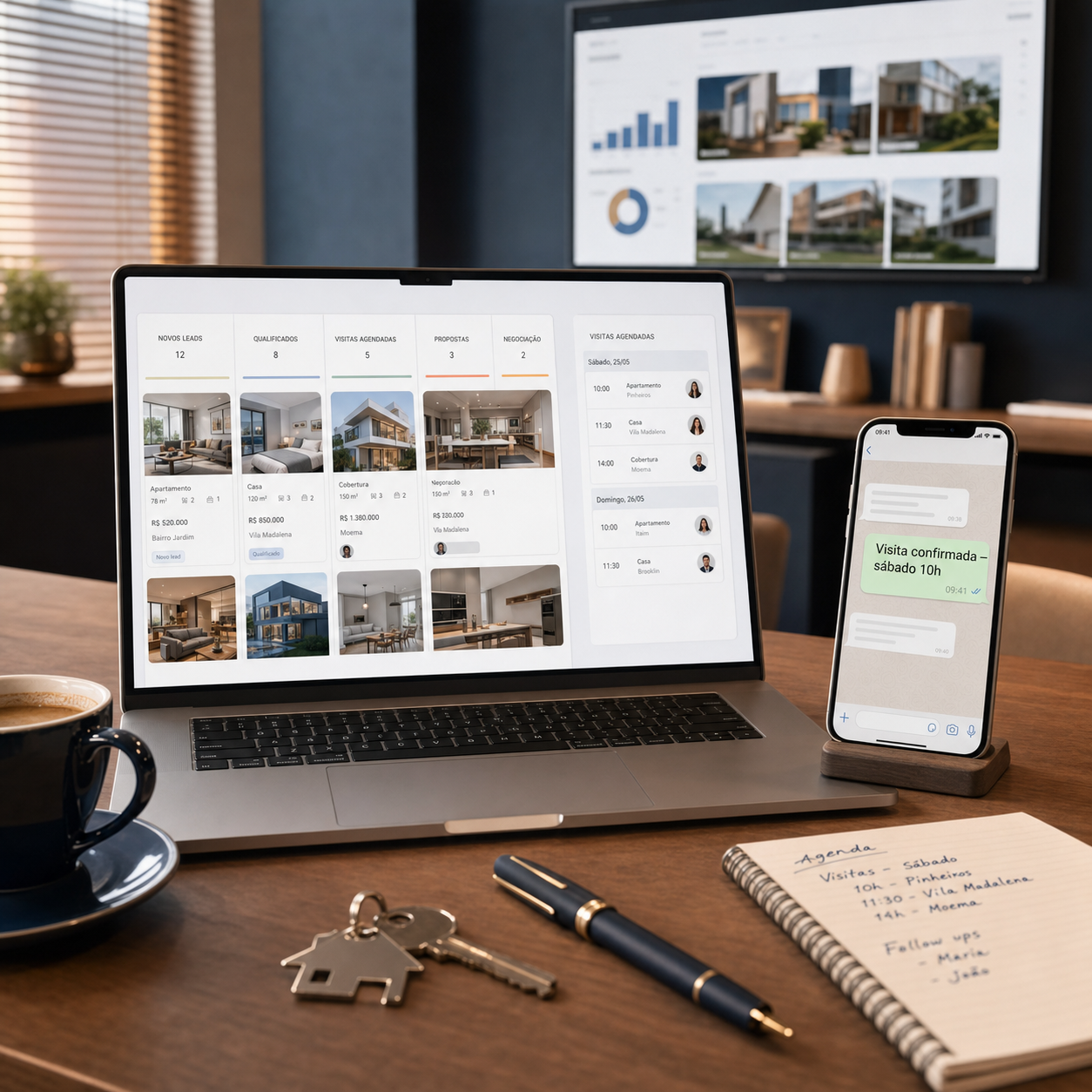 Painel do CorretorBot com WhatsApp, agenda de visitas e pipeline imobiliário